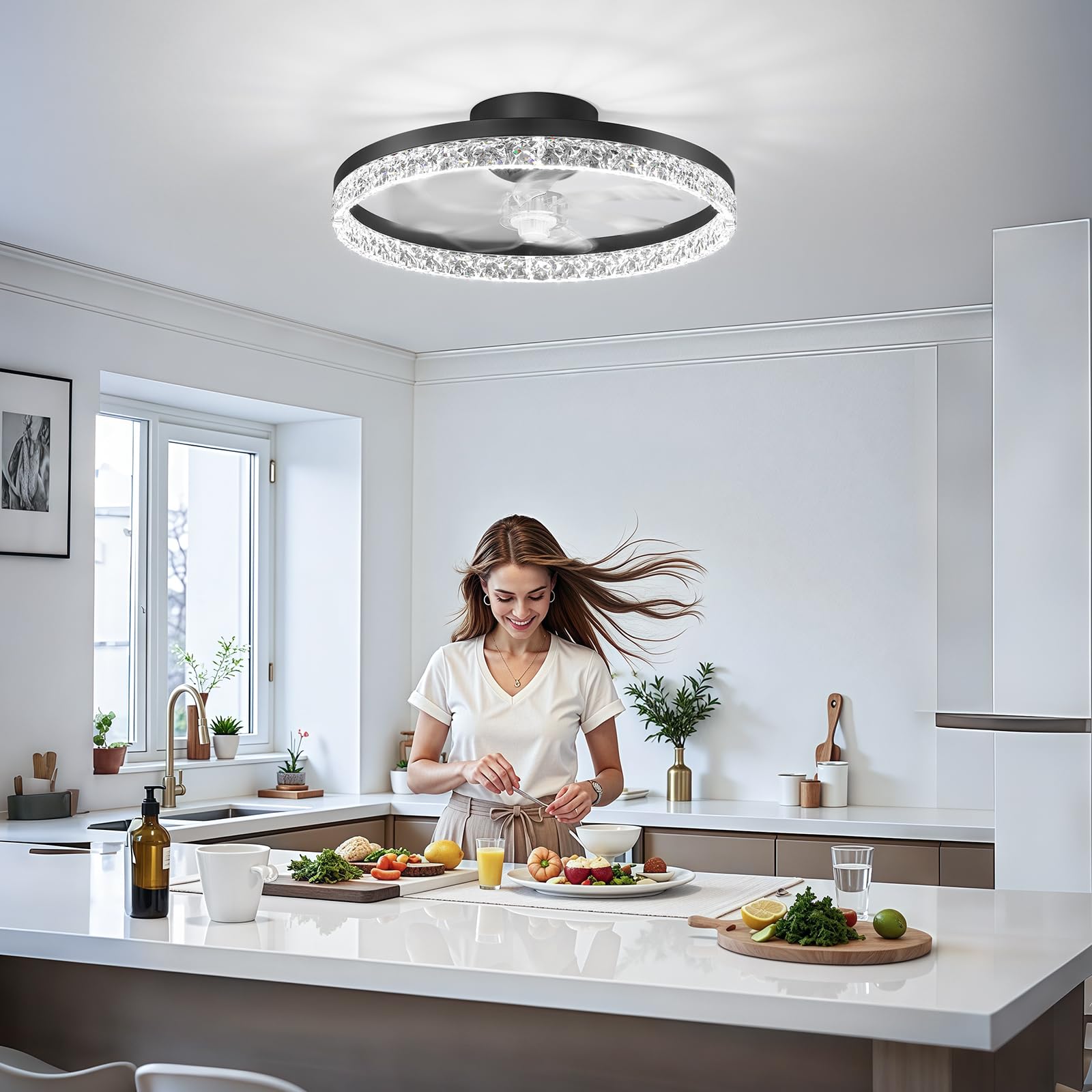 FOLKSMATE Ceiling Fan with Light and Remote, Low Profile Flush Mount Crystal Fandelier, Modern 6 Speeds Quiet Reversible, 2800-6500K Dimmable LED, Timer Fan Light for Bedroom Living Room Kitchen