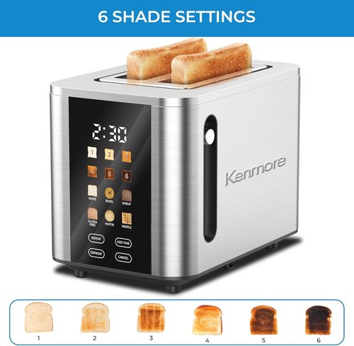 Kenmore 2-Slice Toaster - Touch Screen Control, 6 Shade Settings & Extra Wide Slots | Stainless Steel