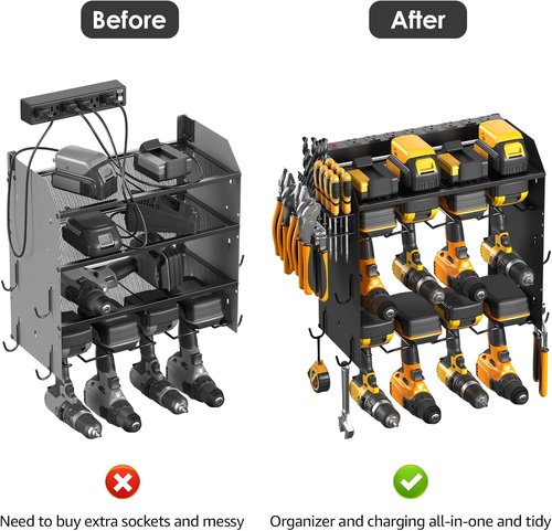 CCCEI Modular Power Tool Organizer - Wall Mount Charging Station for 8 Cordless Drills | Black Utility Rack with Hooks