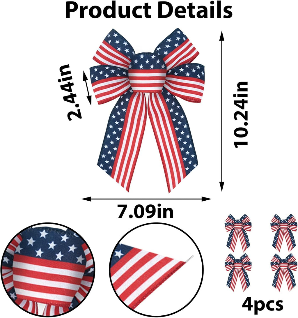Patriotic Star Wreath Bows by [Brand Name] - 4Pcs Red, White & Blue Stripe Burlap Bows for 4th of July & More