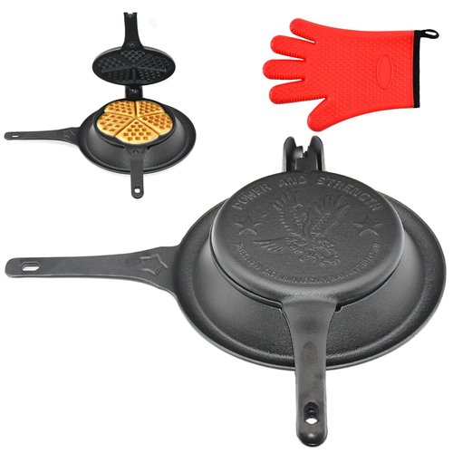 Cast Iron Waffle Maker Stove Top, American Waffle Maker Pre-Seasoned, Round waffle maker, PFOA free, 5-in-1 Shape Designs, Non-Coated Surface, Waffle iron for Camping Grill or Stove Top.