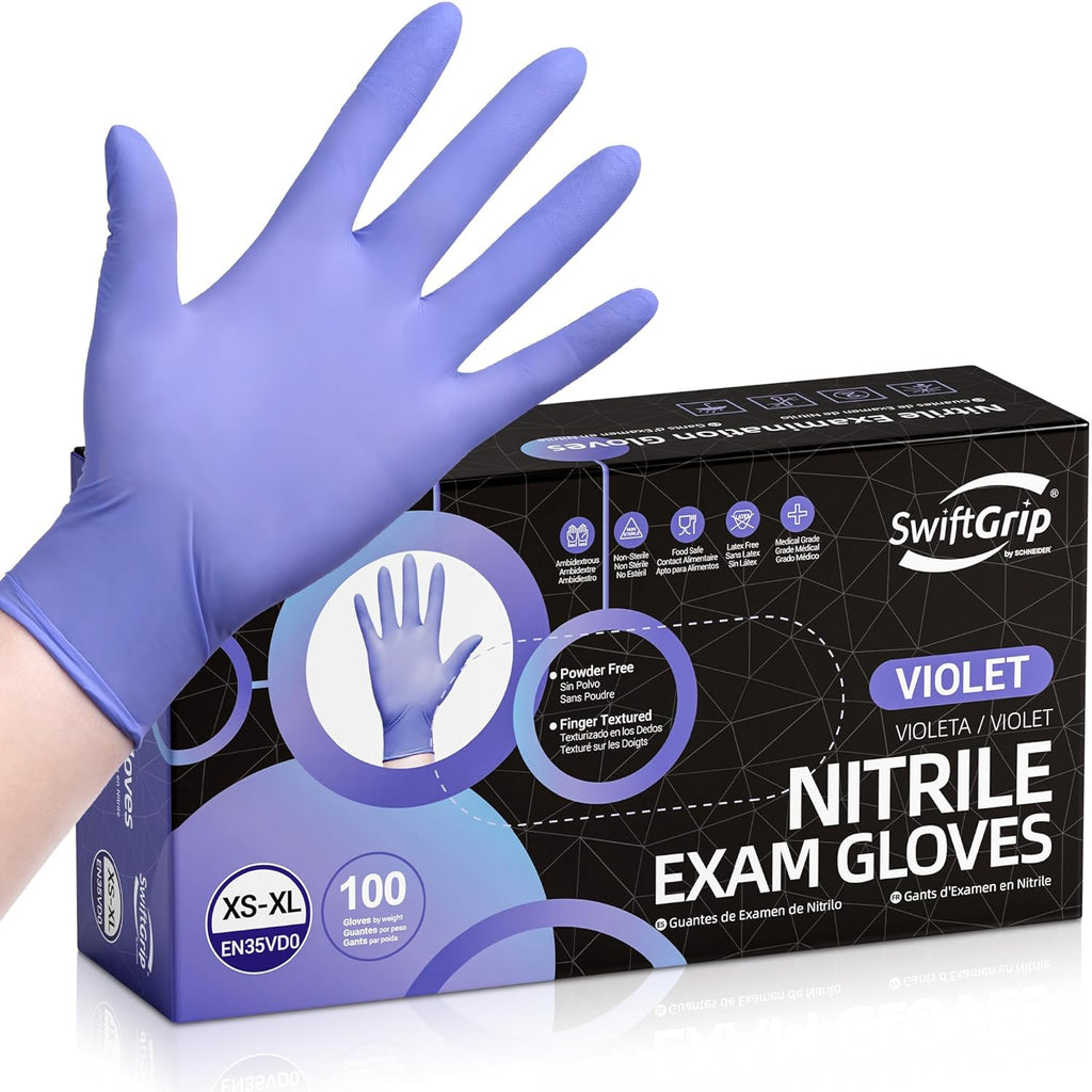 SwiftGrip Disposable Nitrile Exam Gloves - 3mil, Medium, Box of 100 | Latex-Free, Powder-Free, Violet for Medical & Food Safety