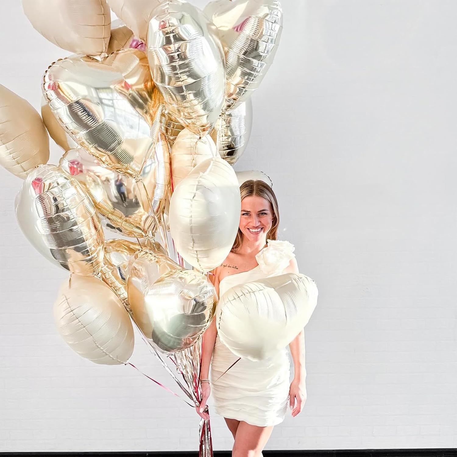 Skiennix Heart Balloons - 12Pcs Cream White & Gold Foil - 18Inch Helium Balloons for Baby Showers & Weddings