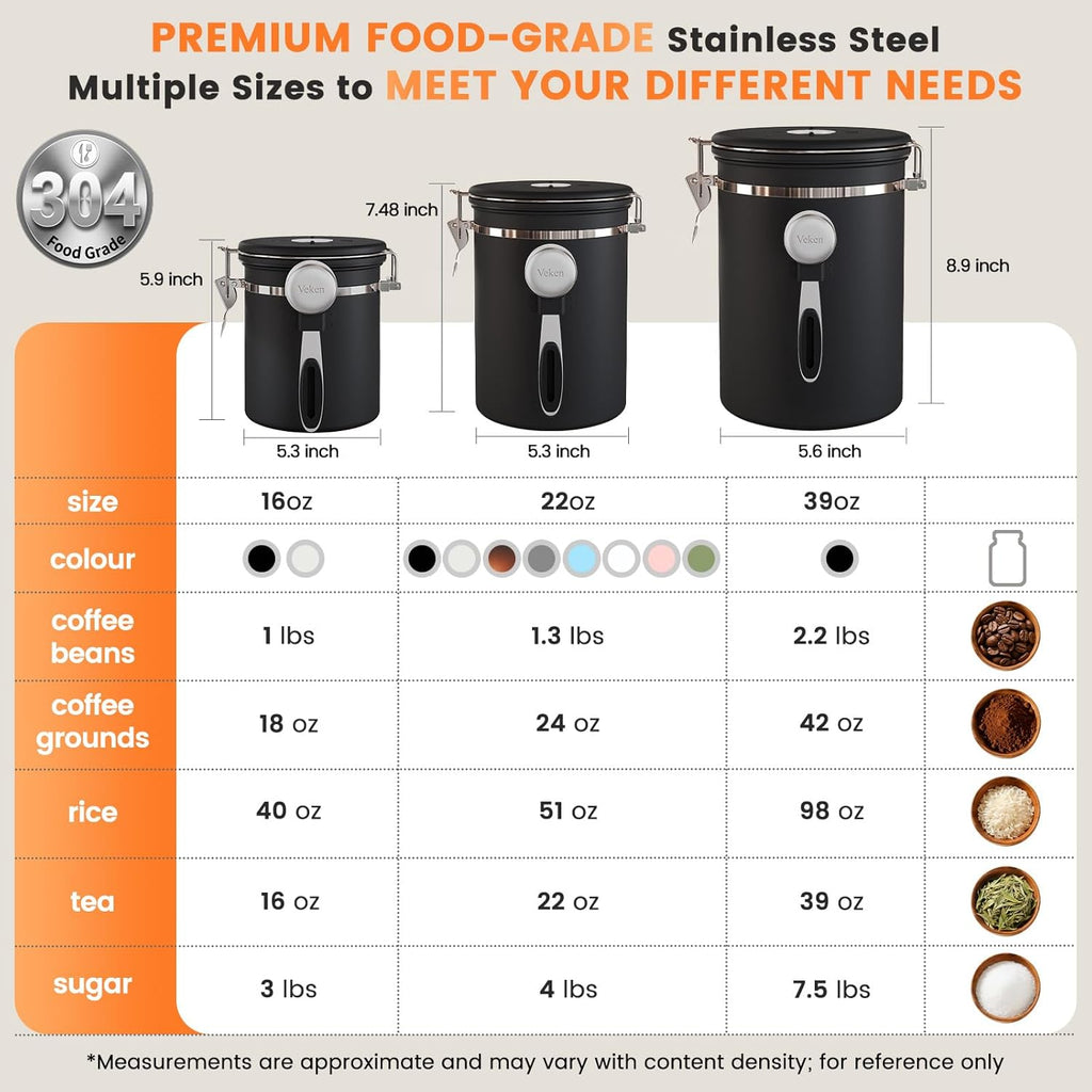 Veken Coffee Canister - Airtight Stainless Steel Storage Container with Window | 22oz Black