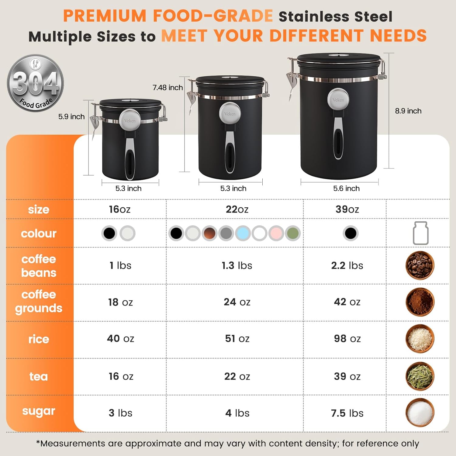 Veken Coffee Canister - Airtight Stainless Steel Storage Container with Window | 22oz Black