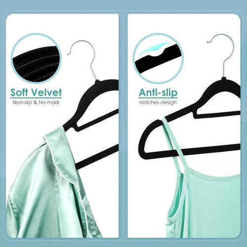 DUDUCOFU Velvet Hangers - Non-Slip Felt Clothes Hangers | 50 Pack Black Slim Design with 360° Swivel Hook