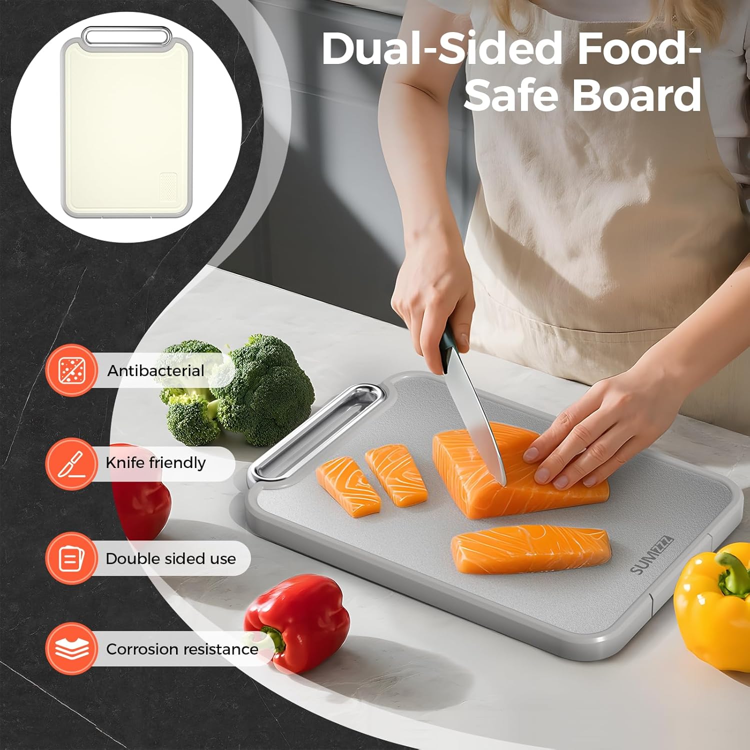Sumzzz Stainless Steel Cutting Board - 2-in-1 Double-Sided Chopping Board, Large Non-Slip Design, 16”×11”