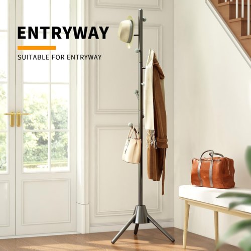Heavy Duty Anti-Tip Coat Rack with 8LB Stable Weighted Base, [80LB Load Tested] Metal Standing Tree with 8 Hooks, 3-Height Adjustable Space Saving Clothes Organizer for Entryway, Bedroom, Office