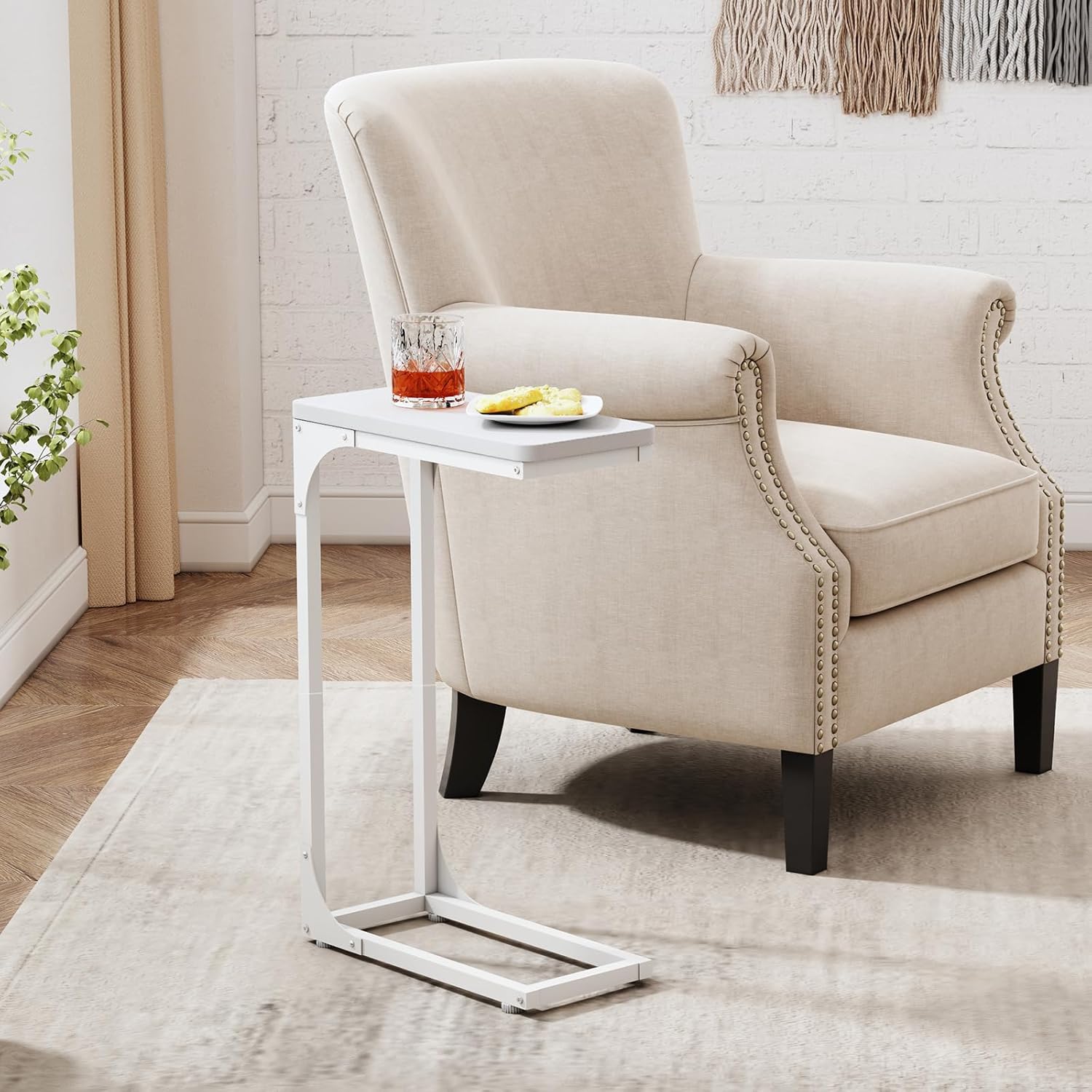 QEEIG Narrow C Shaped Side Table Set - Modern Slim Couch Tray Tables | White, 7-Inch Width, Set of 2