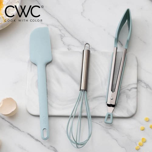 COOK WITH COLOR Stainless Steel Tongs Set - Silicone Tipped Kitchen & BBQ Utensils, 3 Pieces, Green