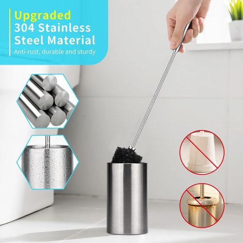 TUUGOTOUU Toilet Bowl Brush and Holder Solid Long Handle Toilet Brush for Bathroom with Heavy Duty 304 Stainless Steel Base and 2 Brush Heads for Domestic Deep Cleaning Under Rims (Silver 1)