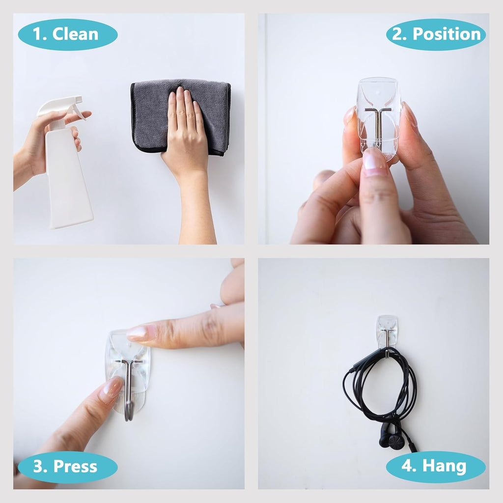 MOVELYST Heavy-Duty Clear Wire Hanger Hooks - 15 Small Hooks with 30 Removable Adhesive Strips
