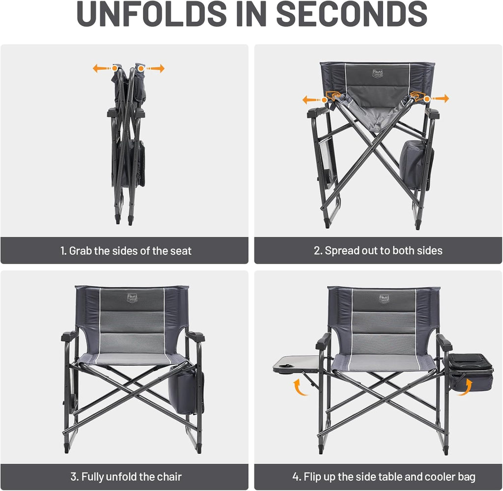 Timber Ridge XXL Oversized Directors Chair - Heavy Duty 600lbs Camping Chair with Cooler Bag & Table - Grey