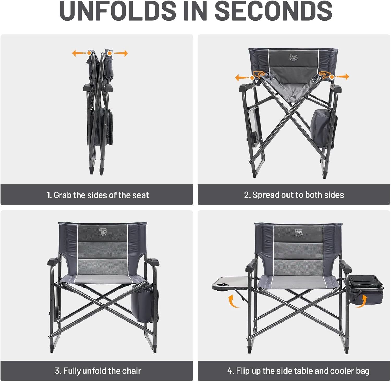 Timber Ridge XXL Oversized Directors Chair - Heavy Duty 600lbs Camping Chair with Cooler Bag & Table - Grey