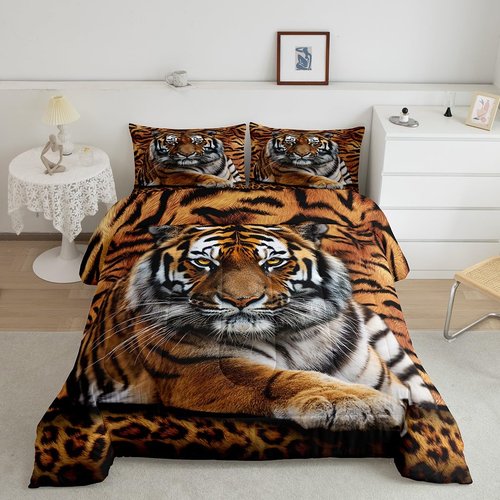 Manfei Tiger 3D Print Comforter Set Queen Size Wild Animals Bedding Set 3pcs for Kids Teens Room Decor,Animal Fur Quilt Set Soft Breathable Duvet Insert with 2 Pillowcases
