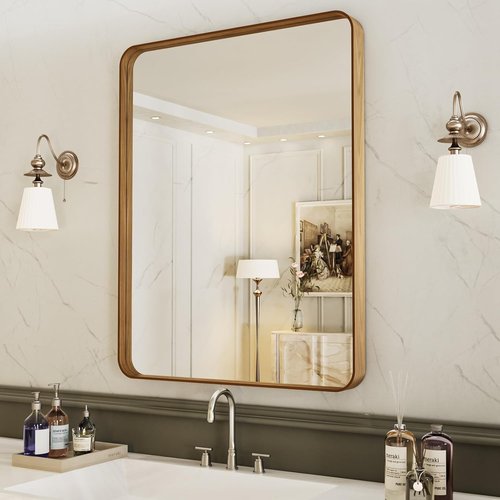 LOAAO Bathroom Mirror - 32X36 Inch Rounded Rectangle Design with Wood Grain Metal Frame | Anti-Rust, Versatile Hanging Options