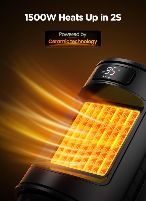 GiveBest Electric Space Heater - Portable Indoor Heater with Thermostat & Remote | 1500W PTC Ceramic, 70° Oscillation, Digital Display, 12H Timer