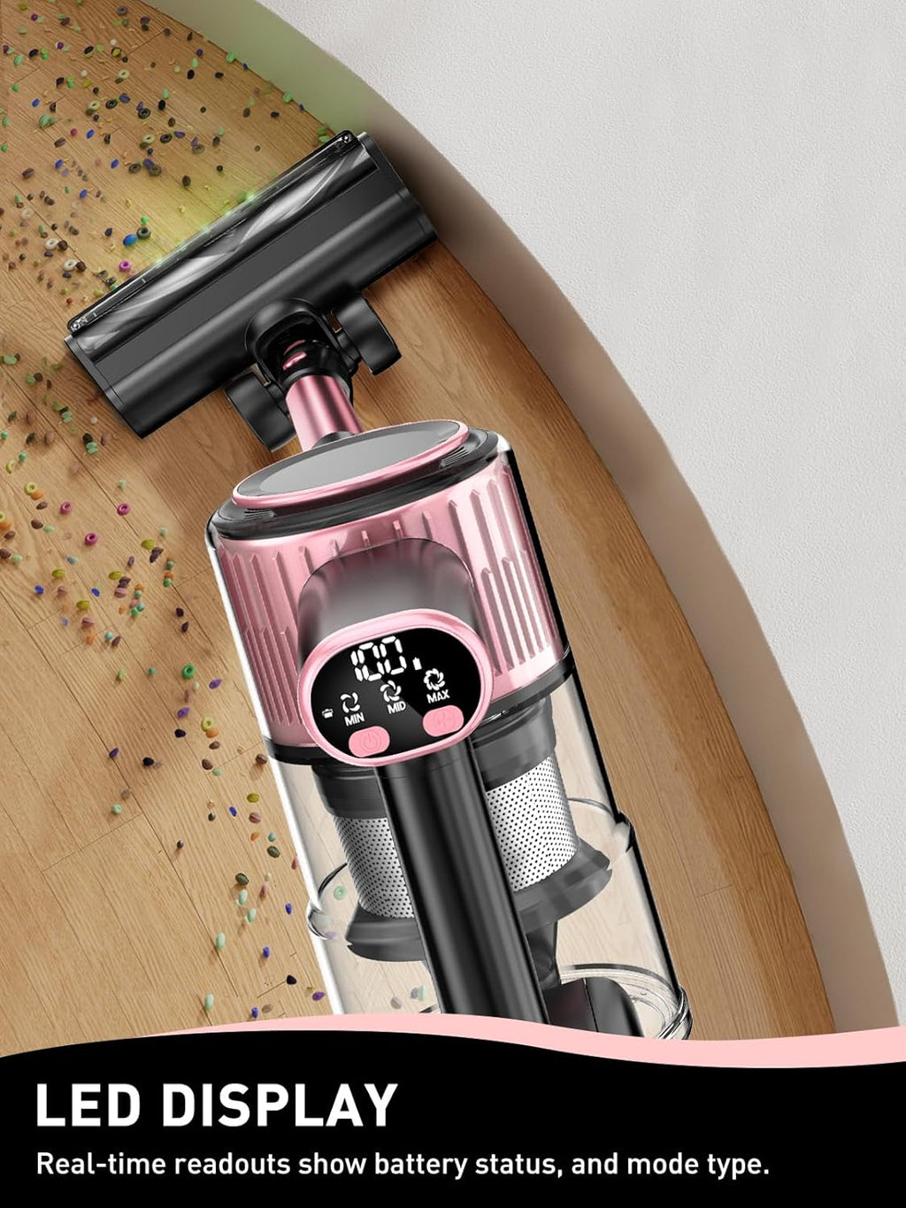 VICEASE Cordless Vacuum Cleaner - 8-in-1 Powerful Suction for Home | Lightweight, LED Display, 45 Min Battery, Pink