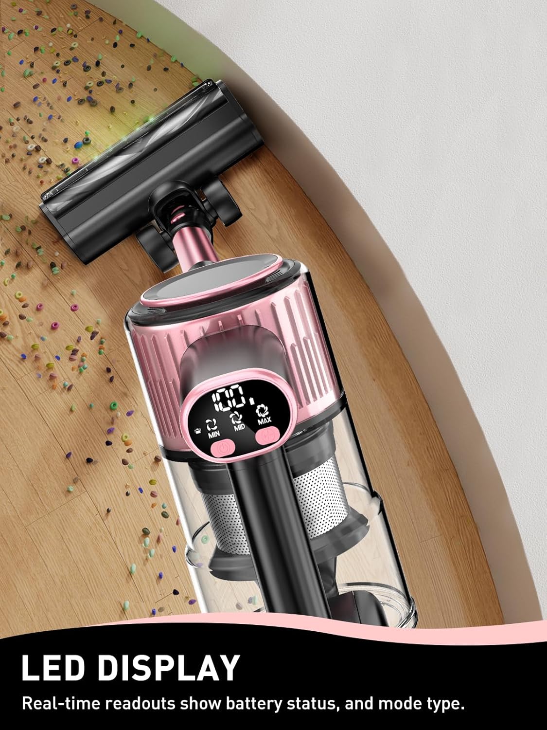 VICEASE Cordless Vacuum Cleaner - 8-in-1 Powerful Suction for Home | Lightweight, LED Display, 45 Min Battery, Pink