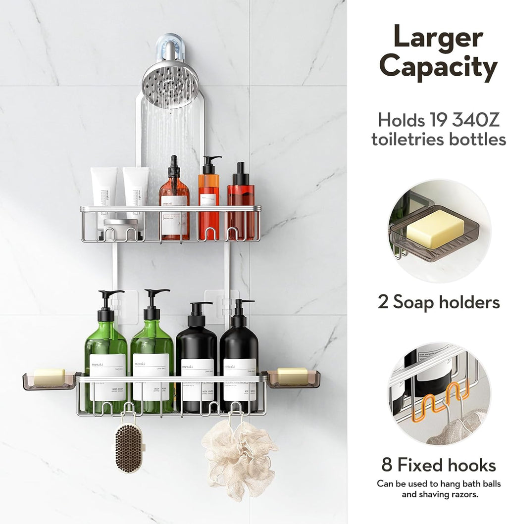 Skiennix Shower Caddy - Rust-Free Aluminum Organizer with Hooks & Soap Holder - Bright Silver