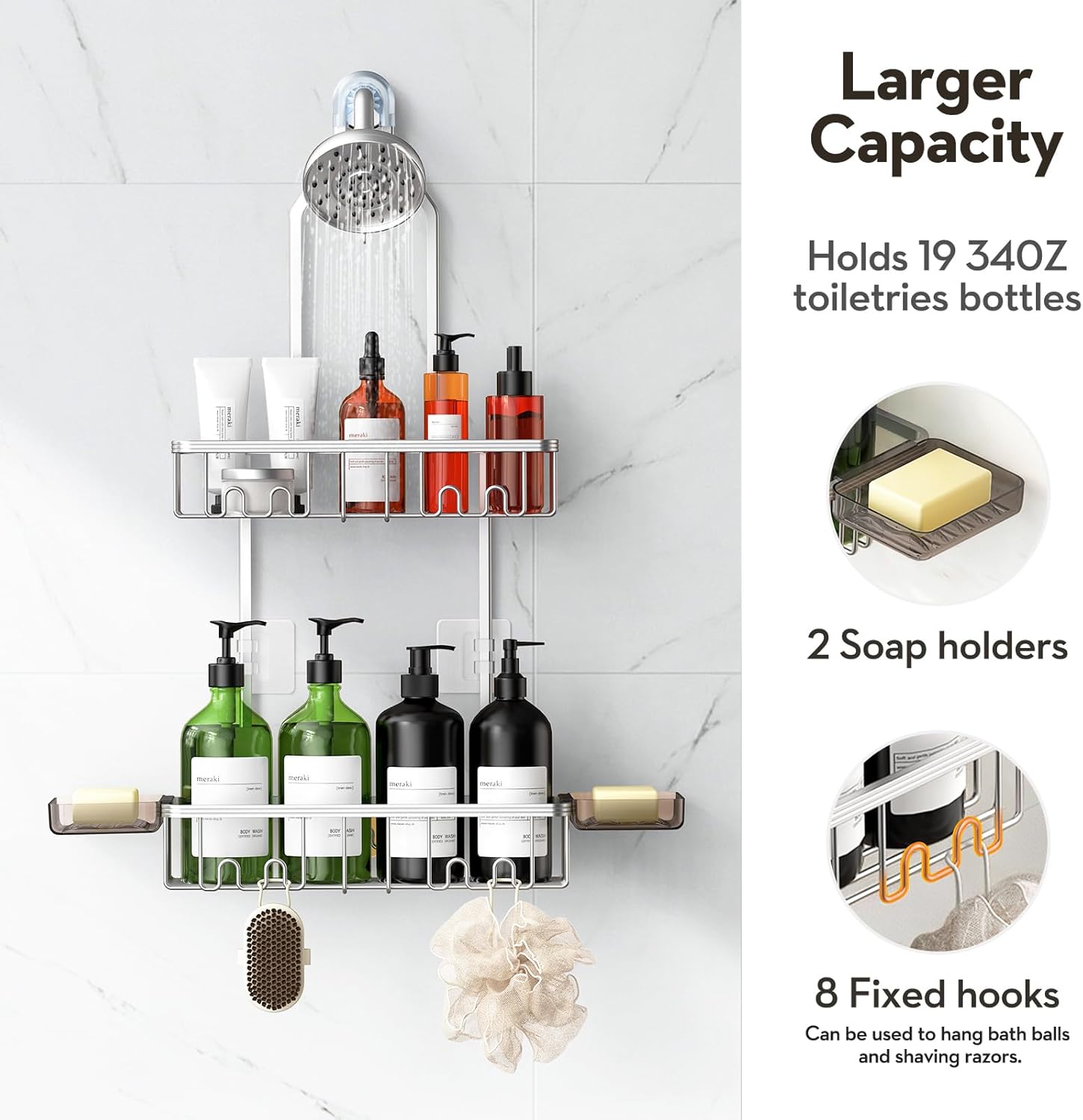 Skiennix Shower Caddy - Rust-Free Aluminum Organizer with Hooks & Soap Holder - Bright Silver