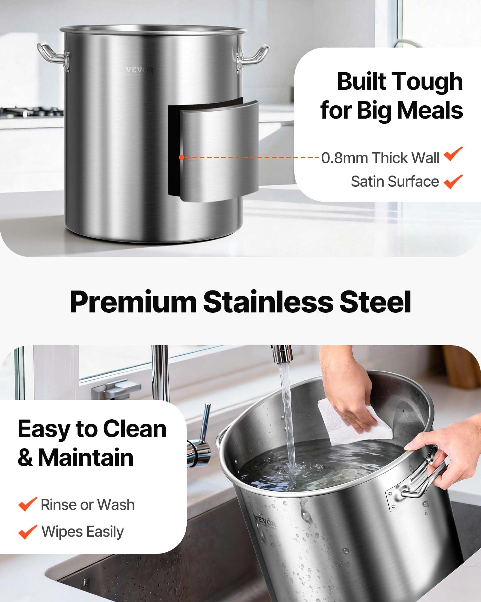 VEVOR Stainless Steel Stockpot, 42 Quart Large Cooking Pots, Cookware Sauce Pot with Strainer, Lid, and Handle, Heavy Duty Commercial Grade Stock Pot, Sanding Treatment, for Large Groups Events Silver