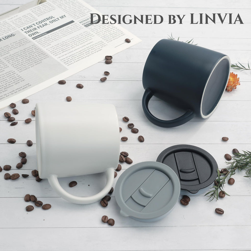 LINVIA Classic Mug, 14 oz Large Coffee Mug with Handle, Ceramic Porcelain Tea Cup, Smooth Matte (Sliding Lid, Navy Blue)
