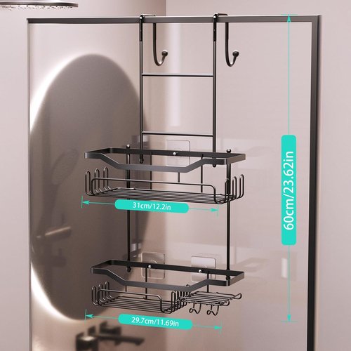 HapiRm Hanging Shower Caddy - No Drill Adhesive Organizer with 11 Hooks | Rustproof 304 Stainless Steel - Black