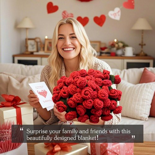 SUVEUS Crochet Flower Bouquet Throw Blanket, 43'' Handmade Knitted Blanket with Rose Flowers, Gift for Women on Birthday Mother’s Day Valentine's Day Anniversary