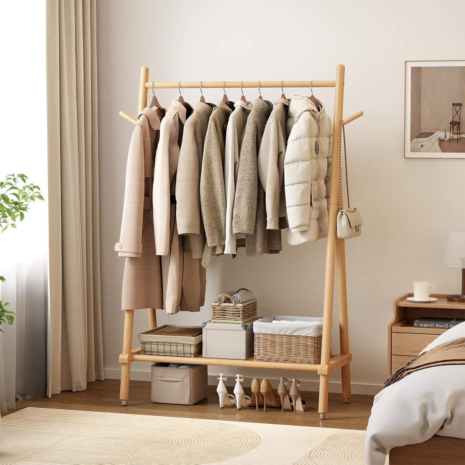 Muwuele Solid Wood Clothing Rack - Portable Rolling Garment Rack with Shelves | 350 Lbs Capacity, Natural Finish