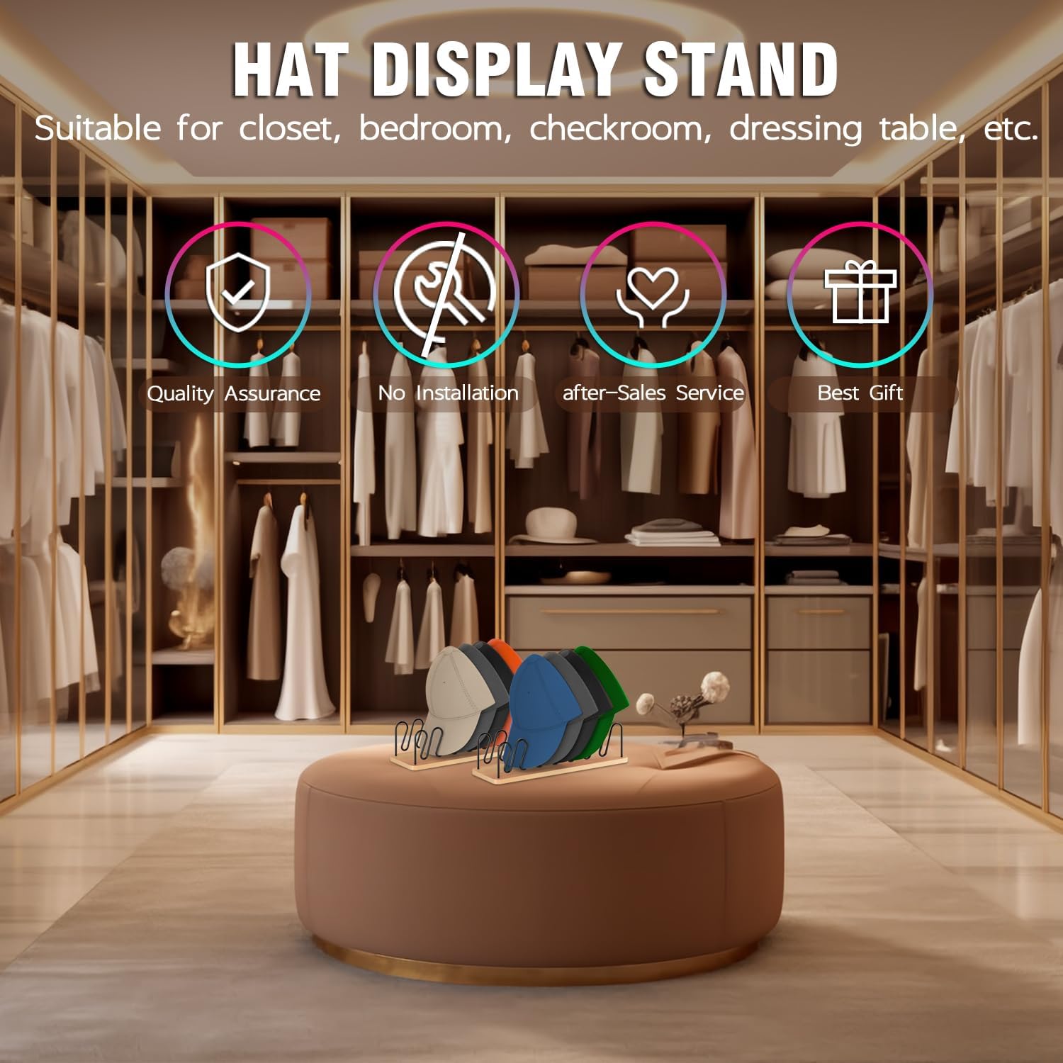 UdoUto Hat Organizer - Space-Saving Wood & Metal Rack Holds 14 Baseball Caps | 2-Pack for Closet & Entryway