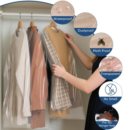 SmileLucky 50 Pack 23.6"x40" Garment Bags for Hanging Clothes, Thick Clear Plastic Dry Cleaning Covers for Closet Storage & Travel