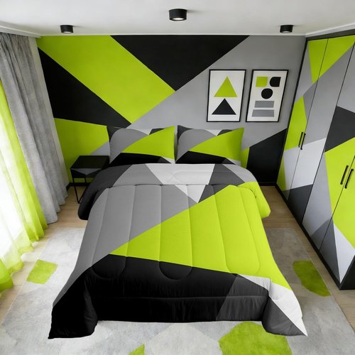 Erosebridal Lime Green Black Grey Bedding Set Geometric Triangle Comforter Set Twin Patchwork Down Comforter for Kids Teen Adults Modern Abstract Quilt Duvet Insert with 1 Pillow Case
