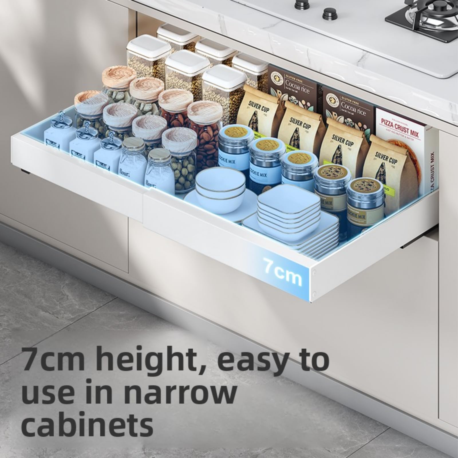 Mnftive 2PCS Expandable Pull Out Cabinet Organizer pots and pans organizer under cabinet Upgrade 3 Slide Rails Slide Out Drawers Roll Out Shelves Adhesive,Adjustable Width