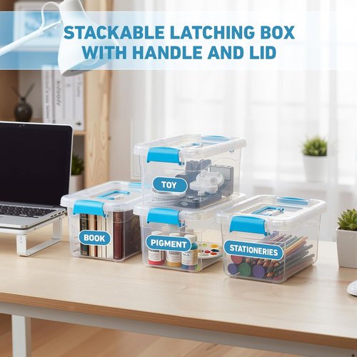 Jetec 8-Pack Clear Plastic Storage Bins - Stackable Organizers with Lids & Blue Handles | 6.5 Qt, 11.02 x 7.48 x 6.02''