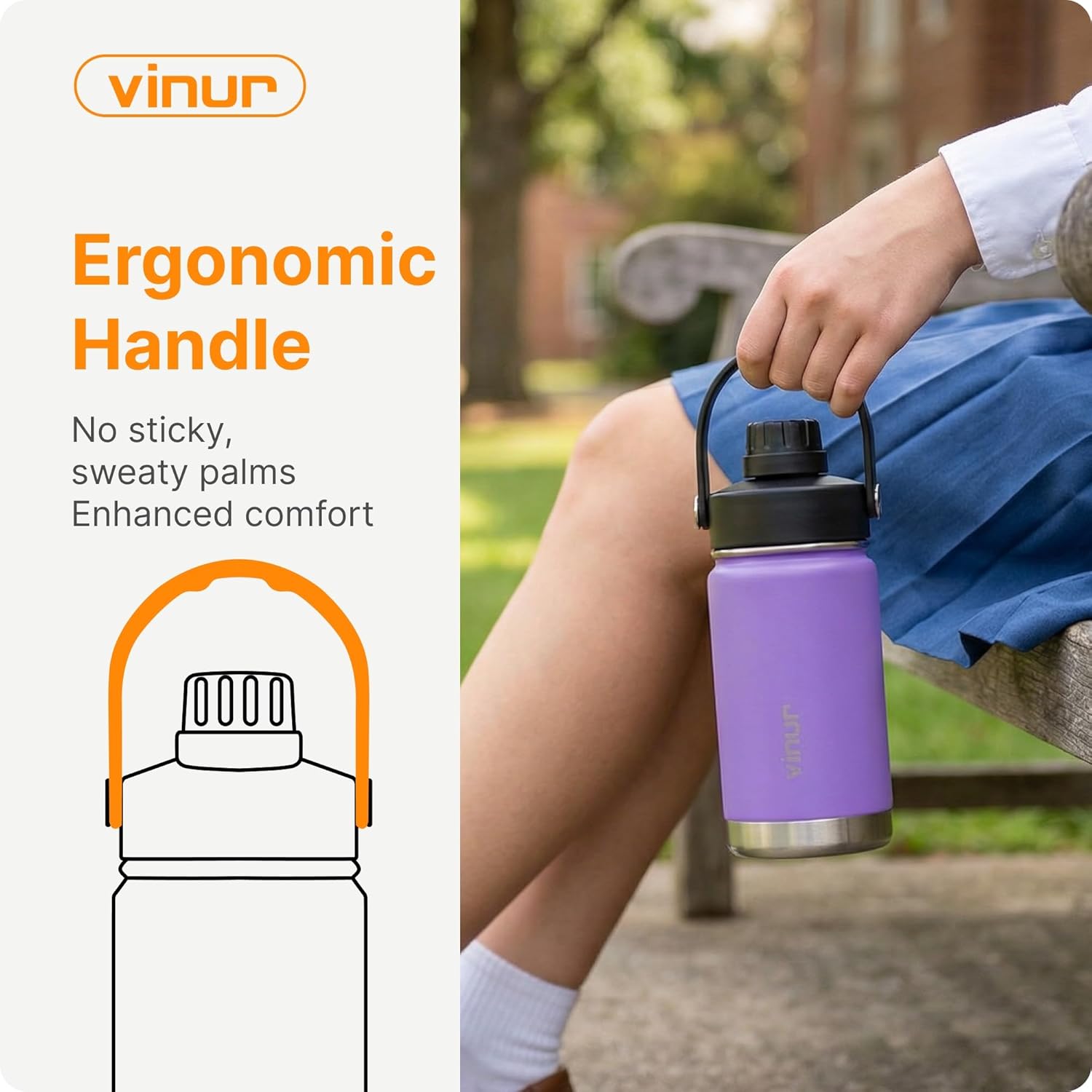 VINUR 12 oz Kids Stainless Steel Water Bottle - Vacuum Insulated, Leakproof Spout Lid, Purple
