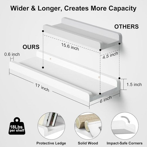 Love-KANKEI Floating Shelves - Set of 2 Rustic Wood Wall Mounted 17 Inch Storage Shelves | White Finish for Home & Office