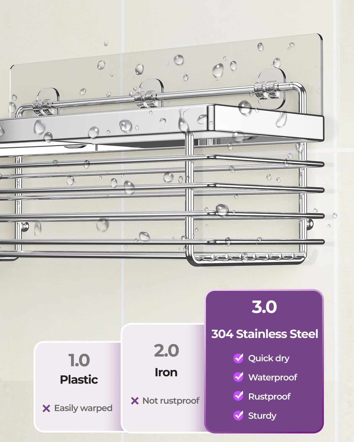 ODesign Shower Caddy - 3 Pack SUS304 Stainless Steel | No Drilling, Rustproof Wall-Mounted Organizer - Silver