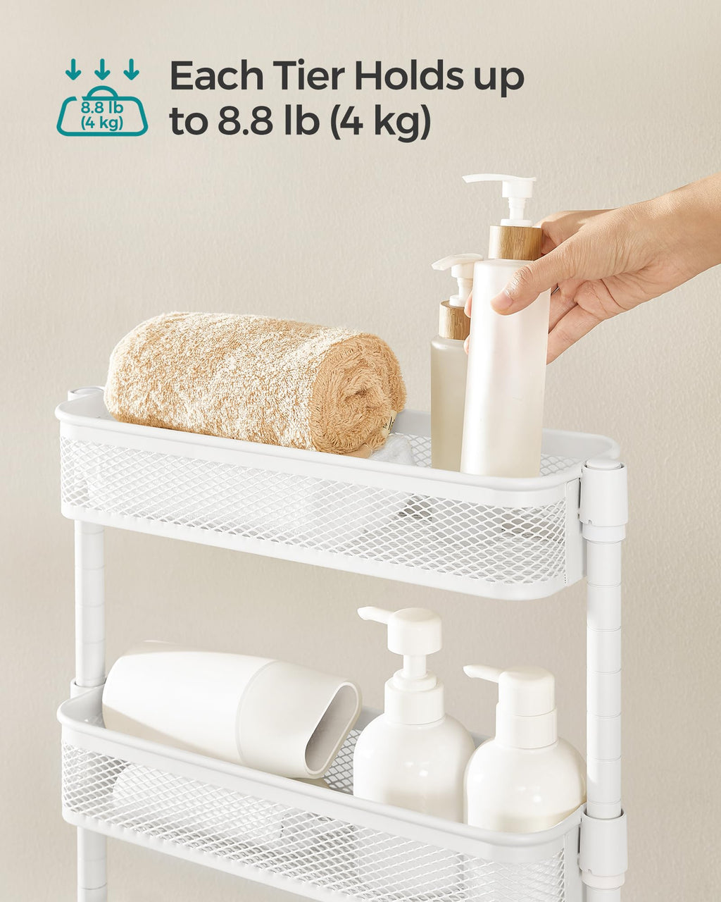SONGMICS Slim Storage Cart, 4-Tier Metal Rolling Cart with Wheels, Flexible Baskets, Narrow Cart for Kitchen, Bathroom, Laundry Room, Easy Assembly, White UBSC065W01