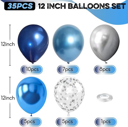 Blue Silver Balloons Set - 12 Inch Navy & Confetti Latex Balloons for Birthday, Graduation, Baby Shower
