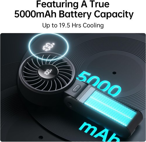 JISULIFE Handheld Fan Life7 - Powerful 5-Speed Cooling, 19.5H Runtime, 5000mAh Battery | Portable Black Fan for Travel & Events