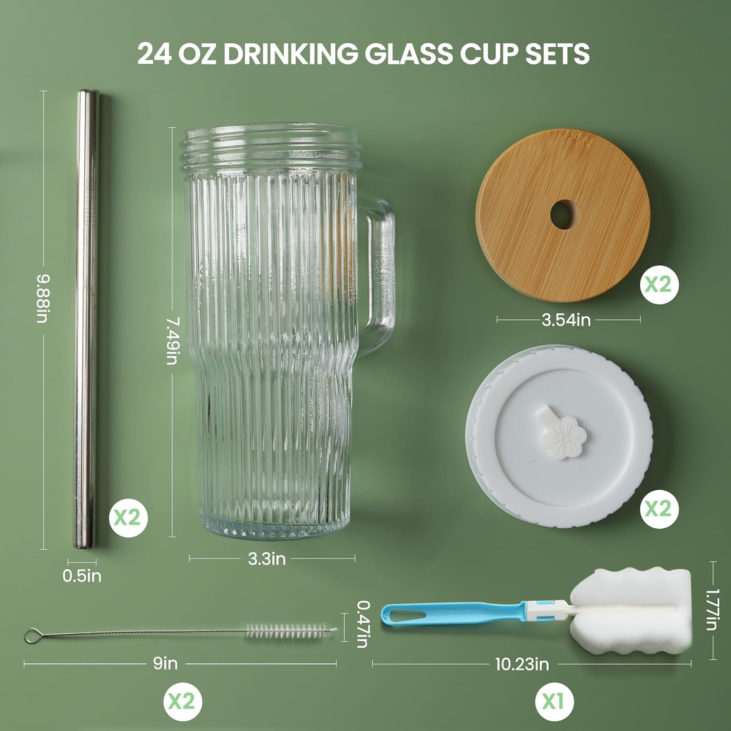 Birity 24oz Ribbed Glass Cup Set - Reusable Tumbler with Lids & Straws | Perfect for Iced Coffee, Smoothies & More