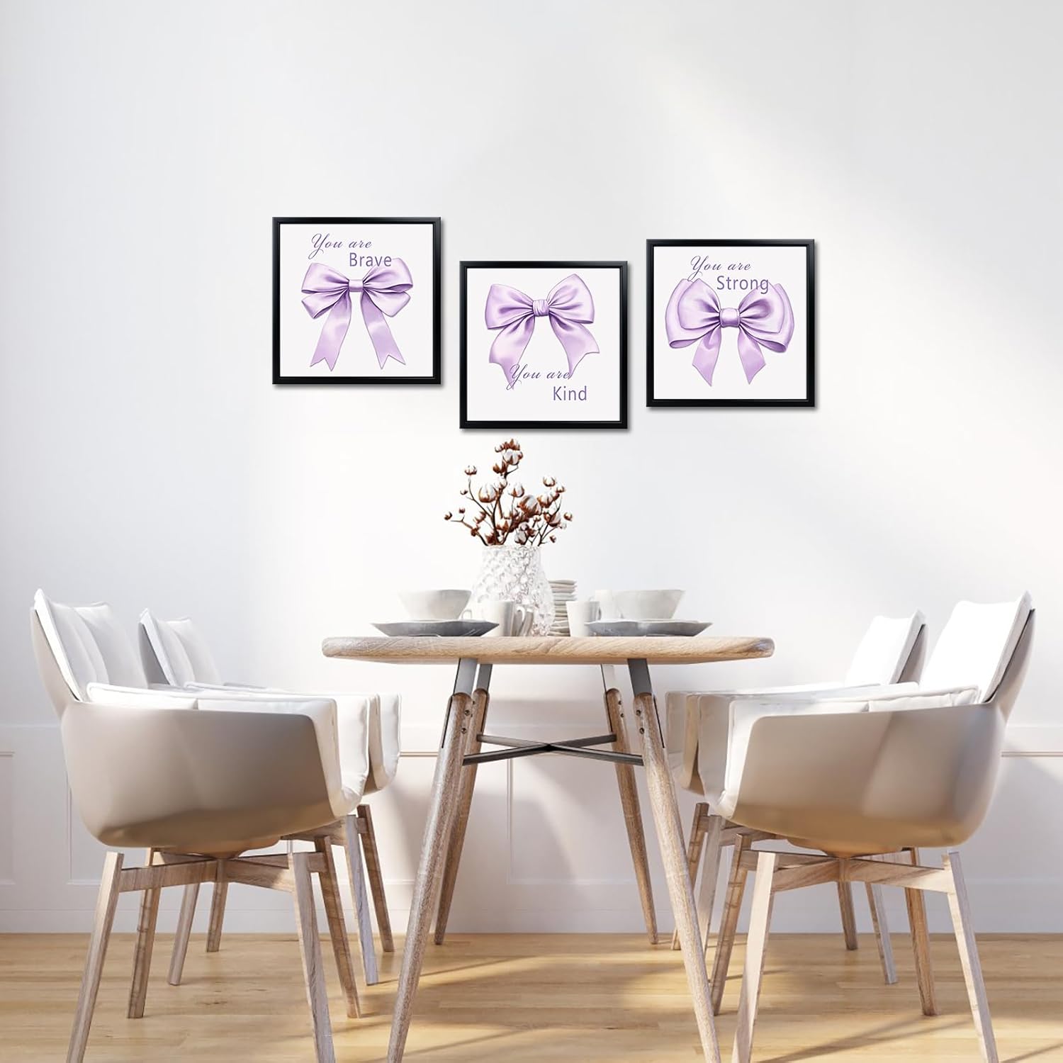 WELMECO Bow Wall Decor - Inspirational Framed Art Set for Girls | 12x12 Inch, Black Frame, 3 Pieces