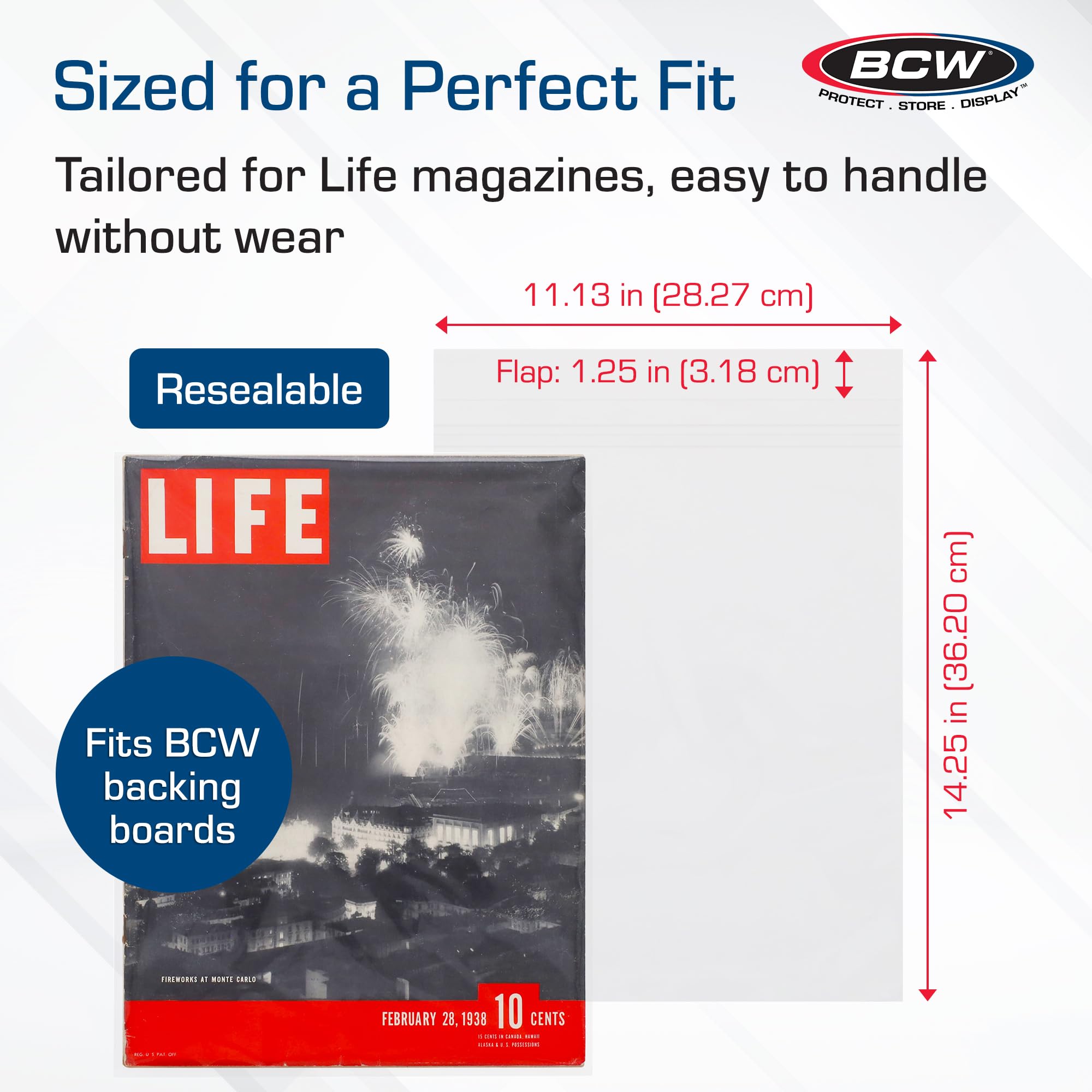BCW Resealable Life Magazine Bags - 100 Pack | Crystal Clear Polypropylene | Archival Quality |Store Collectible Life Magazines | Exterior 11 1/8 x 14 1/4
