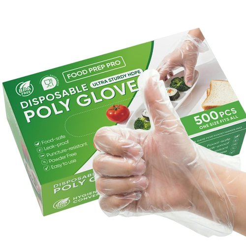 JedJadr 500 Count Disposable Food Service Gloves – Plastic Gloves For Food Handling, Clear Poly Plastic Glove For Kitchen Serving – Lightweight Disposable Kitchen Glove, One Size Fits Most
