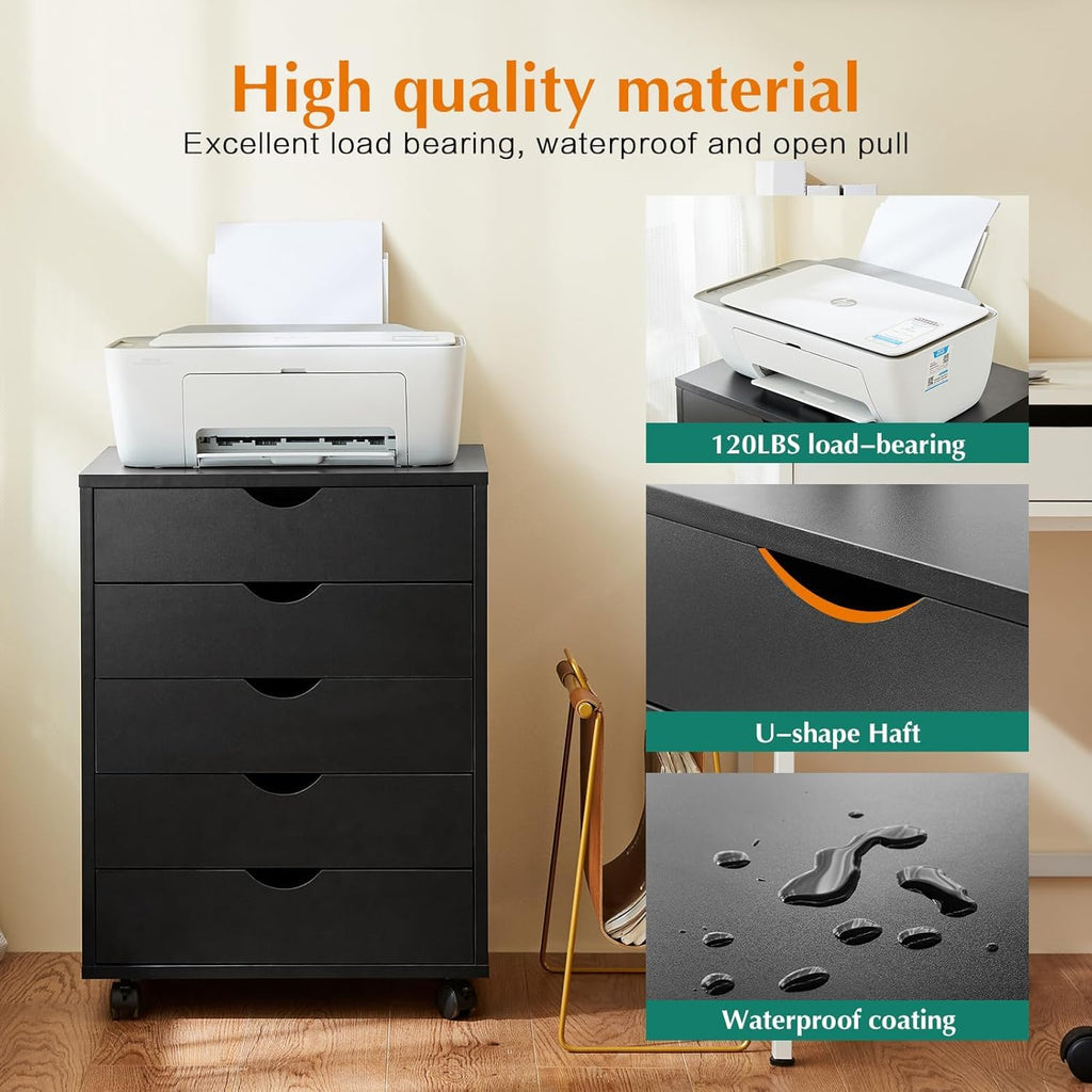 5 Drawer Chest, Office File Cabinets Wooden, Dressers Storage Cabinet, Drawers Wood Organization Furniture, Storage Cabinet Dressers with Wheels, Mobile Organizer Drawers for Bedroom, Black