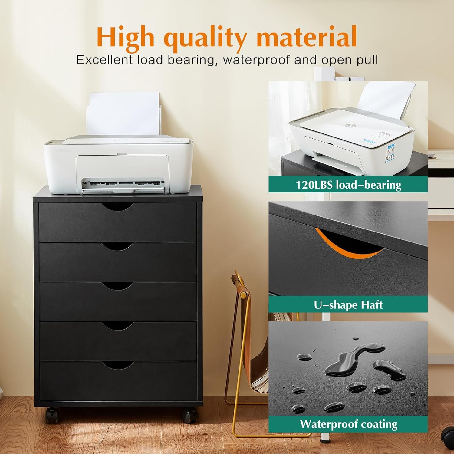 5 Drawer Chest, Office File Cabinets Wooden, Dressers Storage Cabinet, Drawers Wood Organization Furniture, Storage Cabinet Dressers with Wheels, Mobile Organizer Drawers for Bedroom, Black