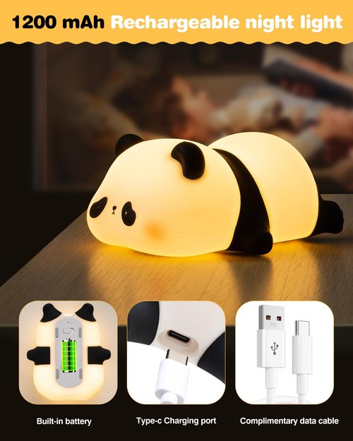Recolte Panda Night Light for Kids - 3-Level Dimmable, Rechargeable LED Silicone Lamp | Squishy Nursery Light with Timer | Safe Night Light for Baby Room & Toddlers
