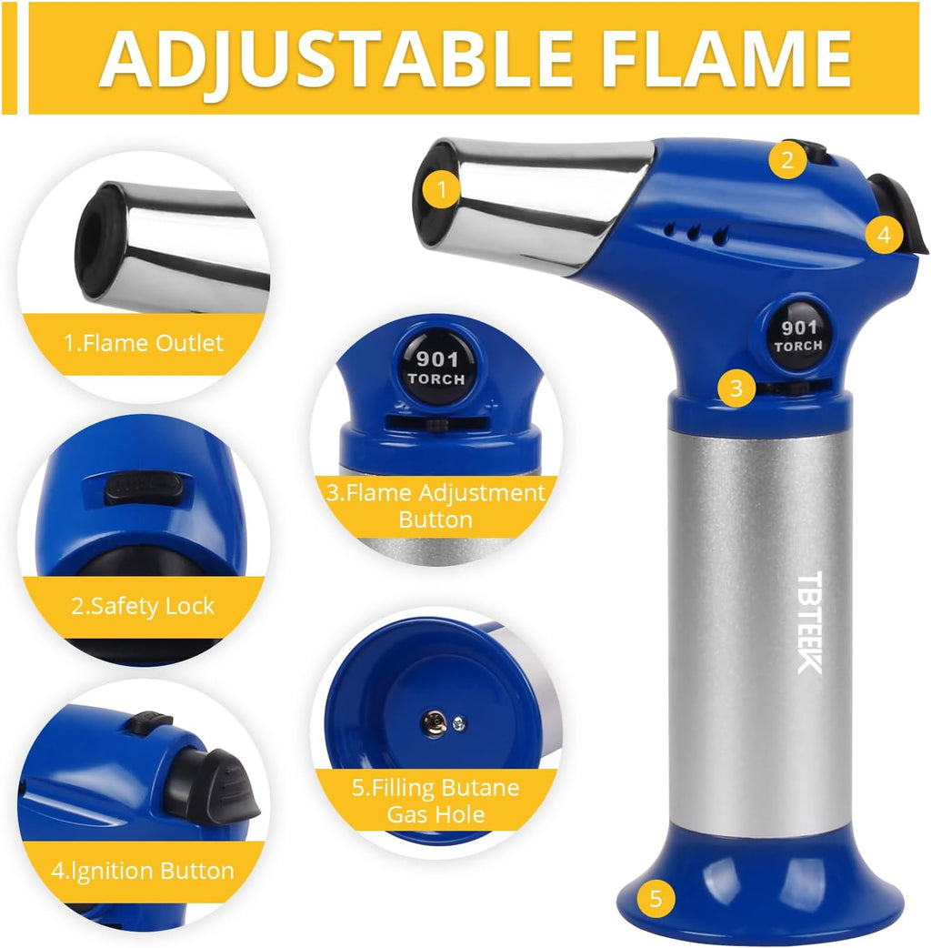 TBTEEK Butane Torch T901 - Adjustable Flame Kitchen Torch with Safety Lock for Cooking & Baking | Blue