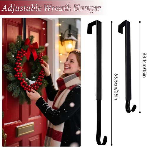 DZZ Adjustable Black Wreath Hanger - 15 to 25 Inch Door Hook for Larger Christmas Decor | 20 lb Capacity